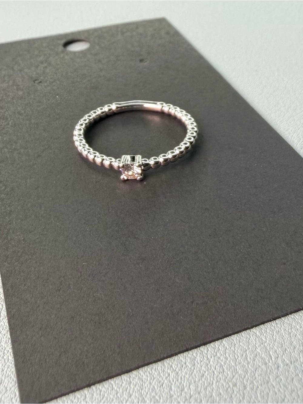 Delicate Silver Beaded Solitaire Ring with Clear Stone